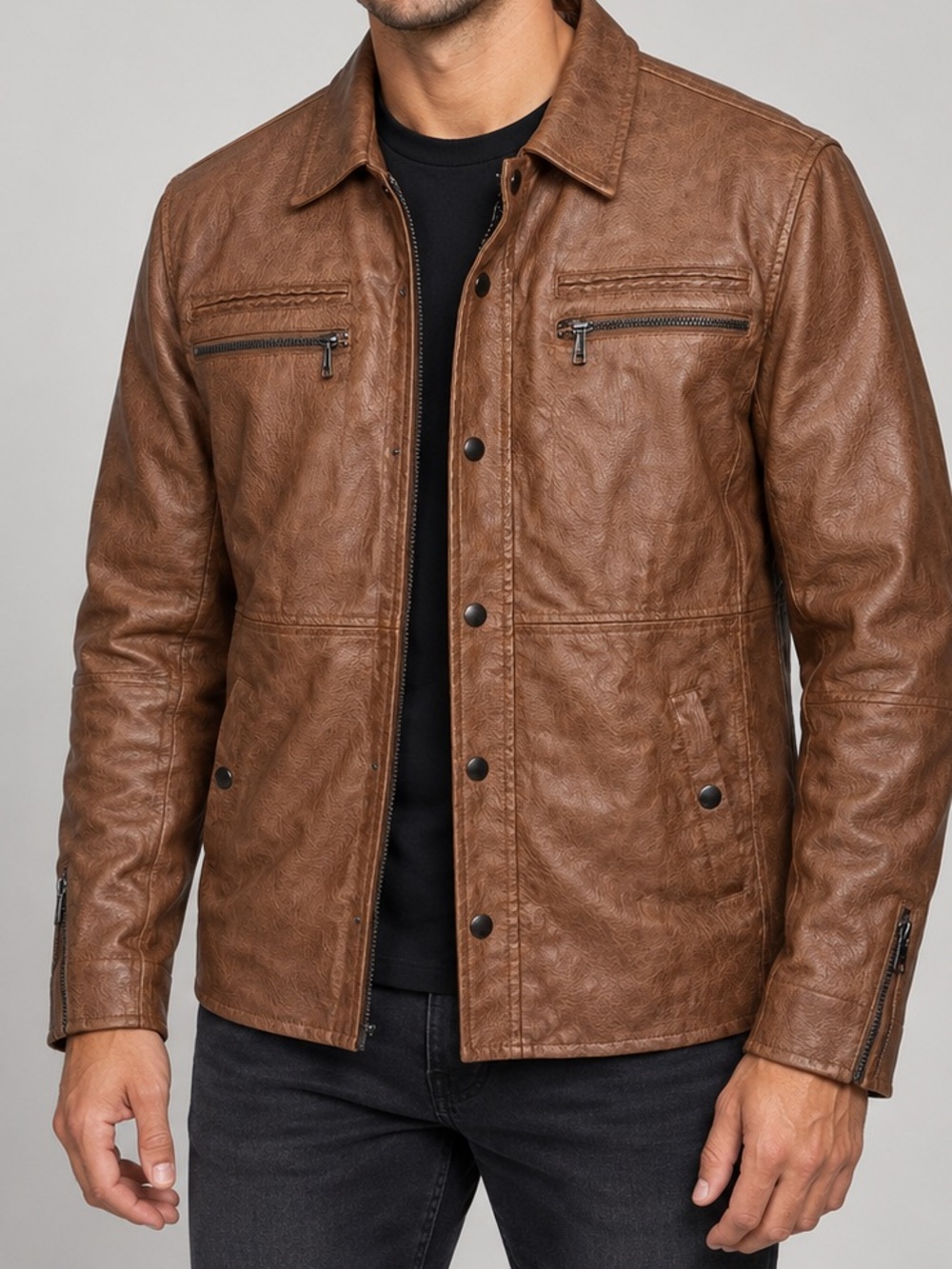 Fried Denim NYC Men’s M Brown Faux Leather Moto Shirt Jacket Zip Snap Front